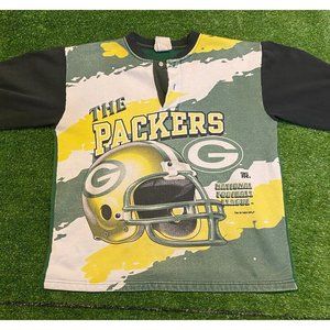 Vintage Green Bay Packers all over print button crewneck Women's Small Youth L